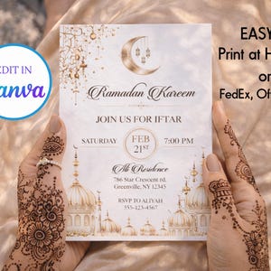 May include: A Ramadan Kareem invitation card with gold detailing, a crescent moon, and mosque illustrations. The card includes the text "Join us for Iftar" and event details. The words "Edit in Canva" and "Easy Print at Home" are also visible.