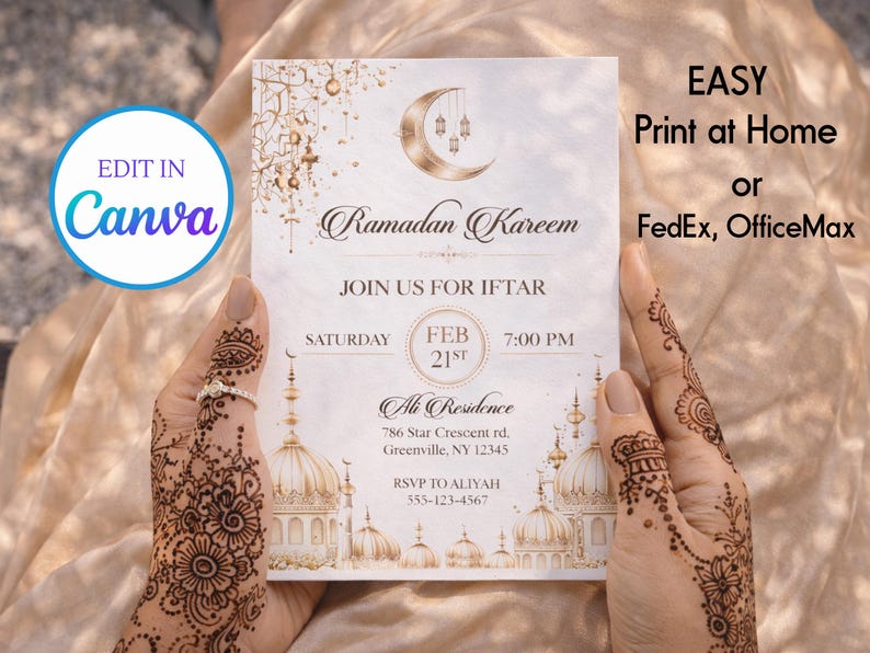May include: A Ramadan Kareem invitation card with gold detailing, a crescent moon, and mosque illustrations. The card includes the text "Join us for Iftar" and event details. The words "Edit in Canva" and "Easy Print at Home" are also visible.