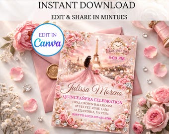 Paris Quinceañera Invitation Template, Pink Eiffel Tower Quince Invite, Blush Rose Gold Mis Quince Años, Editable Paris 15 Birthday Invite,