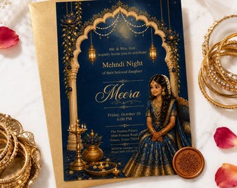 Mehndi Night Invitation Editable Canva Template | Navy Gold Indian Henna Party Printable South Asian Celebrate