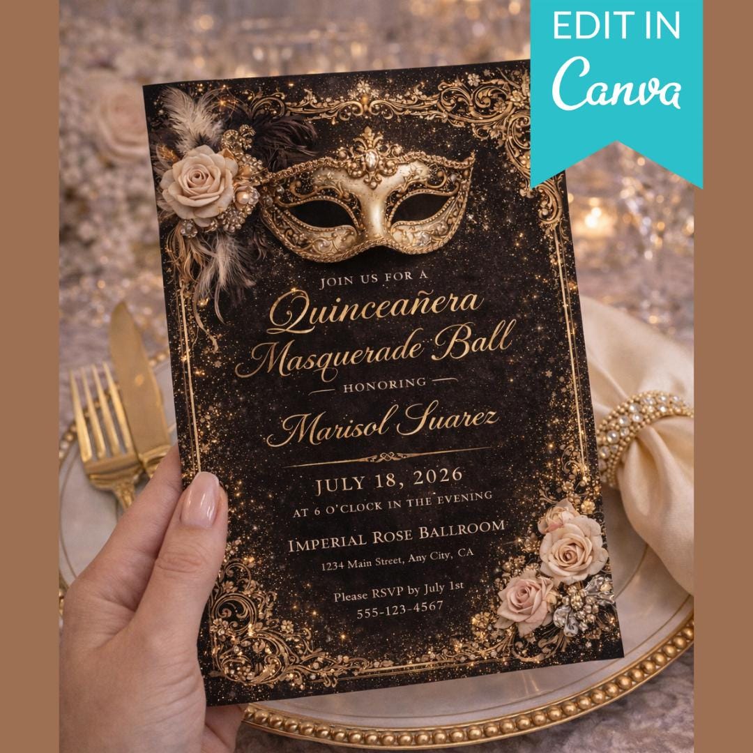 Ball Invite Masquerade QuinceaƱera Invitation Template | Black & Gold Quince ...