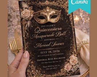 Masquerade Quinceañera Invitation Template | Black & Gold Quince Masquerade Ball Invite | Elegant Editable 5x7 Digital| Canva Invite Quince