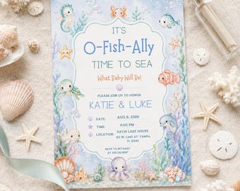 O Fish Ally Gender Reveal Invitation Editable Canva Template | Ocean Sea Baby Printable Nautical Boy Girl Invite