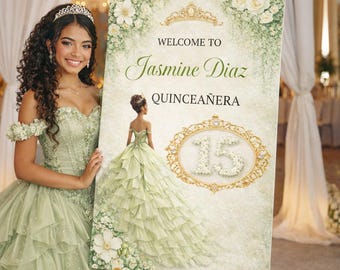 Princess Tiana Quinceañera Welcome Sign Template, Green Gold Quince Welcome Sign, Editable Canva Sweet 15 Sign, Fairytale Princess Decor