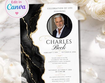 Masculine  Celebration of Life Invitation Template, Editable Funeral Invite, Masculine Black Gold Memorial Service Announcement