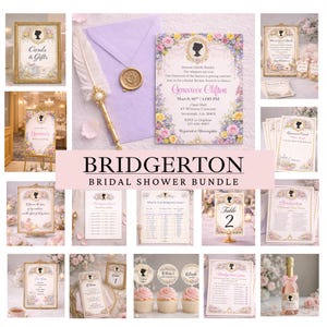 May include: A collection of Bridgerton-themed bridal shower decorations. Includes framed signs, invitations, table cards, cupcake toppers, and a bottle of champagne. The color scheme is pastel pink, lavender, and gold, with floral accents and a silhouette cameo.