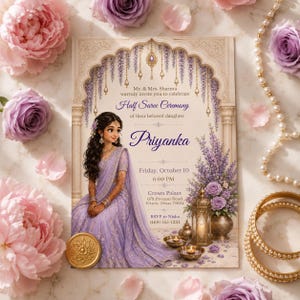 May include: A rectangular invitation card for a Half Saree Ceremony featuring an illustration of a person in a lavender saree, floral accents, and text including the name Priyanka, date October 10, and location details in Frisco, Texas.