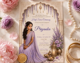 Half Saree Ceremony Invitation Template, Editable Lavender Gold Langa Voni Invite, Wisteria South Indian Coming of Age, Canva Template