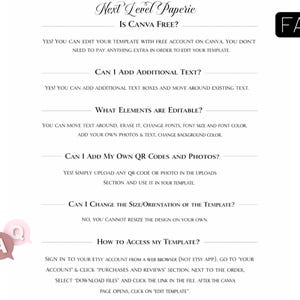 May include: A white document with black text, titled "Next Level Paperie." It answers questions about Canva templates, including editing, adding text, and QR codes. A black "FAQ" speech bubble and pink speech bubbles with "FAQ" are also present.