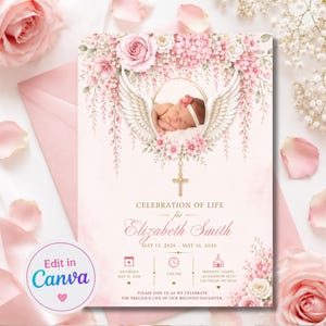 May include: A memorial invitation card featuring a central oval frame with a sleeping infant, flanked by white angel wings and pink floral arrangements. It includes a gold cross, the text Celebration of Life for Elizabeth Smith, and event details.