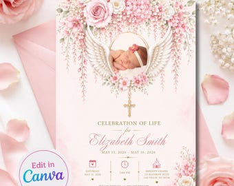 Invitación conmemorativa rosa para bebé, plantilla para celebración de la vida, invitación funeraria con alas de ángel, plantilla editable de Canva.