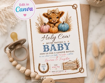 Holy Cow Gender Reveal Invitation Template, Pumpkin Gender Reveal Invite, Fall Gender Reveal Invitation, Highland Cow Gender Reveal,