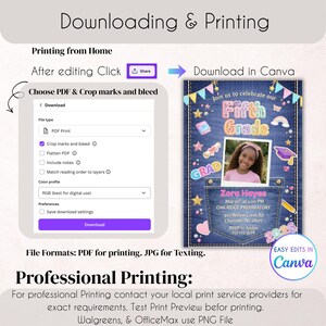 May include: A digital invitation for a Fifth Grade graduation, featuring a denim-like background with colorful stars and a pocket design. The invitation includes a photo, event details, and instructions for downloading and printing.