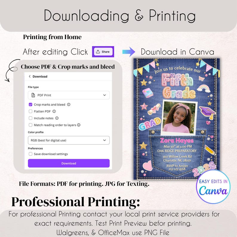 May include: A digital invitation for a Fifth Grade graduation, featuring a denim-like background with colorful stars and a pocket design. The invitation includes a photo, event details, and instructions for downloading and printing.