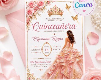 Editable Pink Quinceañera Invitation Template, Mis Quince Años Invite, Princess Quinceañera card, Elegant Canva Invitation, Digital Download