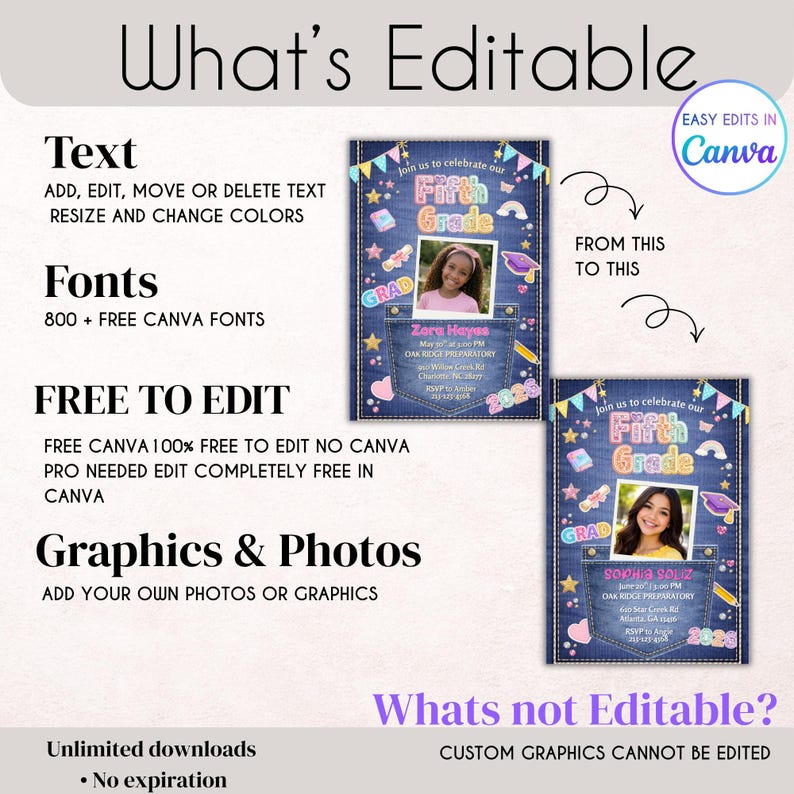 May include: A digital invitation template for a Fifth Grade graduation, featuring a denim-style background with text and graphics. The template is editable in Canva, allowing users to add text, change colors, and include photos. The design includes the text "Fifth Grade" and "GRAD".