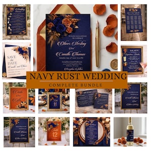 Roestoranje en marineblauwe trouwkaart 12-delige bundel | Bewerkbare canvas-bruidssuite | Rustieke trouwborden, RSVP, menu, tafelschikking