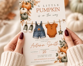 Pumpkin Baby Shower Invitation Editable Template Fall Clothesline Autumn Gender Neutral Instant Download Printable Digital Invite