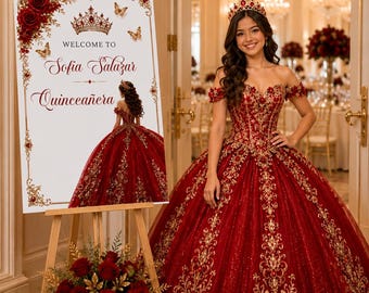 Plantilla editable de letrero de bienvenida para quinceañera con rosa roja, póster de bienvenida para quinceañera color borgoña, letrero de entrada para quinceañera rojo y dorado,