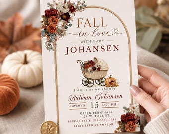 Fall in Love Baby Shower Invitation Editable Template Autumn Floral Pumpkin Baby Carriage Instant Download Printable Digital Invite