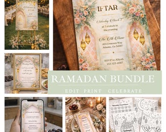 Ramadan Iftar Party Bundle Editable in Canva | Islamic Invite, Animated Mobile Invite, Welcome Sign 20x30, Menu, Due Card & Coloring Pages