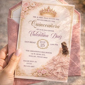 Einladung zur Quinceañera in Rosa und Gold, bearbeitbares 5x7-Design im floralen Prinzessinnen-Stil (digitales Design)