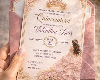 Invitación de Quinceañera en Oro Rosa, Diseño Digital Editable de Princesa Floral de 5x7