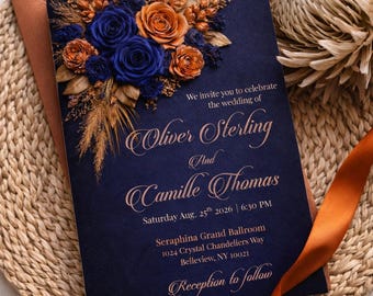 Plantilla de invitación de boda floral en azul marino, cobre y naranja quemado (editable en Canva, invitación digital) Conjunto de detalles de confirmación de asistencia para la invitación