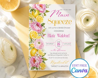 Lemon Main Squeeze Bridal Shower Invitation Pink Lemon Editable Canva Template Instant Download Summer Bridal shower invite Modern Bride