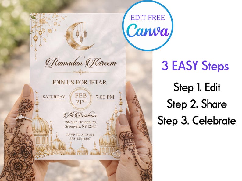 May include: A Ramadan Kareem invitation card with a gold crescent moon and mosque design. The card, for an Iftar event on February 21st at 7:00 PM, includes the text "Join us for Iftar" and "Edit Free Canva".