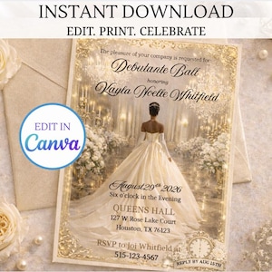 Luxe debutante bal uitnodigingssjabloon, ivoor gouden bloemen quinceanera uitnodigen, Sweet 16 bewerkbare afdrukbare 5 x 7 digitale cotillion uitnodigen