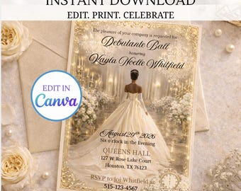 Luxury Debutante Ball Invitation Template, Ivory Gold Floral Quinceanera Invite, Sweet 16 Editable Printable 5x7 Digital  Cotillion invite