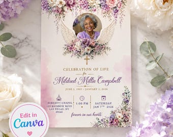 Lavender Celebration of Life Invitation Template, Purple Memorial Service invite, Editable Funeral announcement , Angel Wings Memorial Card,