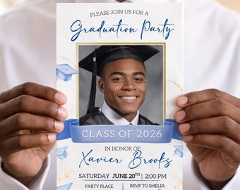 Blue Graduation Invitation Template with Photo, Boy Grad Class of 2026 Invite, Editable Canva Template, Printable Digital Download