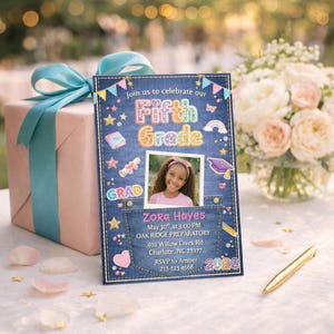 May include: A graduation announcement with a denim-style design, featuring the text "Fifth Grade" and a photo of a smiling girl. The announcement includes event details and is decorated with stars and a graduation cap.