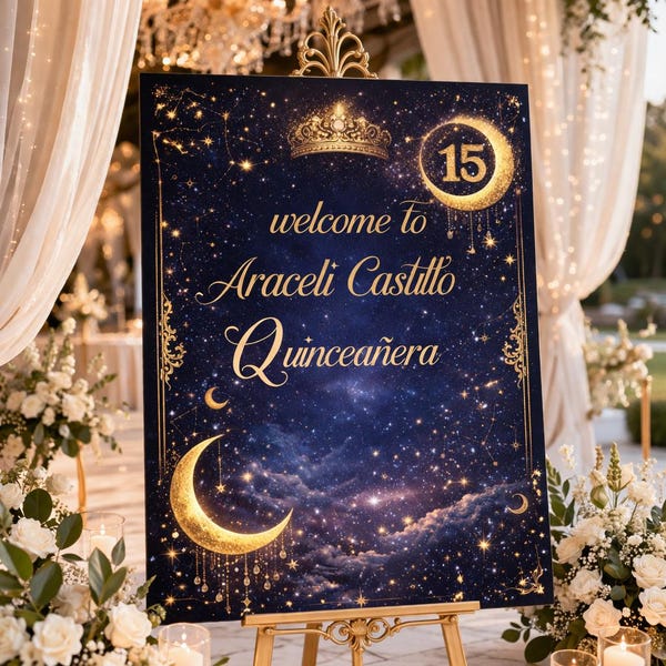 Celestial Quinceañera Welcome Sign, Navy Blue Gold Moon Stars Quince Decor, Galaxy Sweet 15 Party Sign, Starry Night Crown Princess