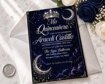 Invitación de Quinceañera Celestial / Invitación de Quinceañera Noche Estrellada Azul Marino y Plateado / Invitación de Dulces 15 Luna y Corona / Plantilla Editable