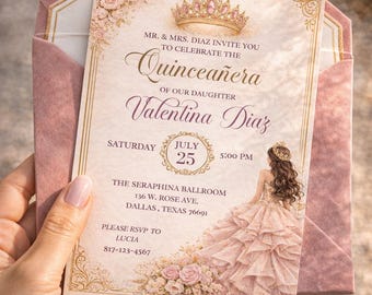 Blush Pink Quinceañera Invitation | Pink & Gold Princess Mis Quince Años Invite | Elegant Floral Quince Invite | Editable Digital Template