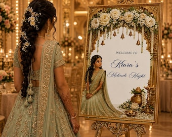 Letrero de bienvenida para la noche de Mehndi, editable, verde salvia, para novias indias, plantilla digital imprimible y personalizada para descargar.