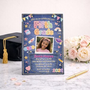 May include: A denim-themed Fifth Grade graduation invitation with a photo of a smiling girl. The invitation includes the text "Join us to celebrate our Fifth Grade" and event details. A graduation cap and flowers are in the background.