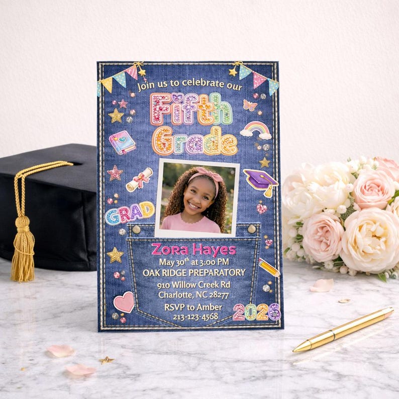 May include: A denim-themed Fifth Grade graduation invitation with a photo of a smiling girl. The invitation includes the text "Join us to celebrate our Fifth Grade" and event details. A graduation cap and flowers are in the background.