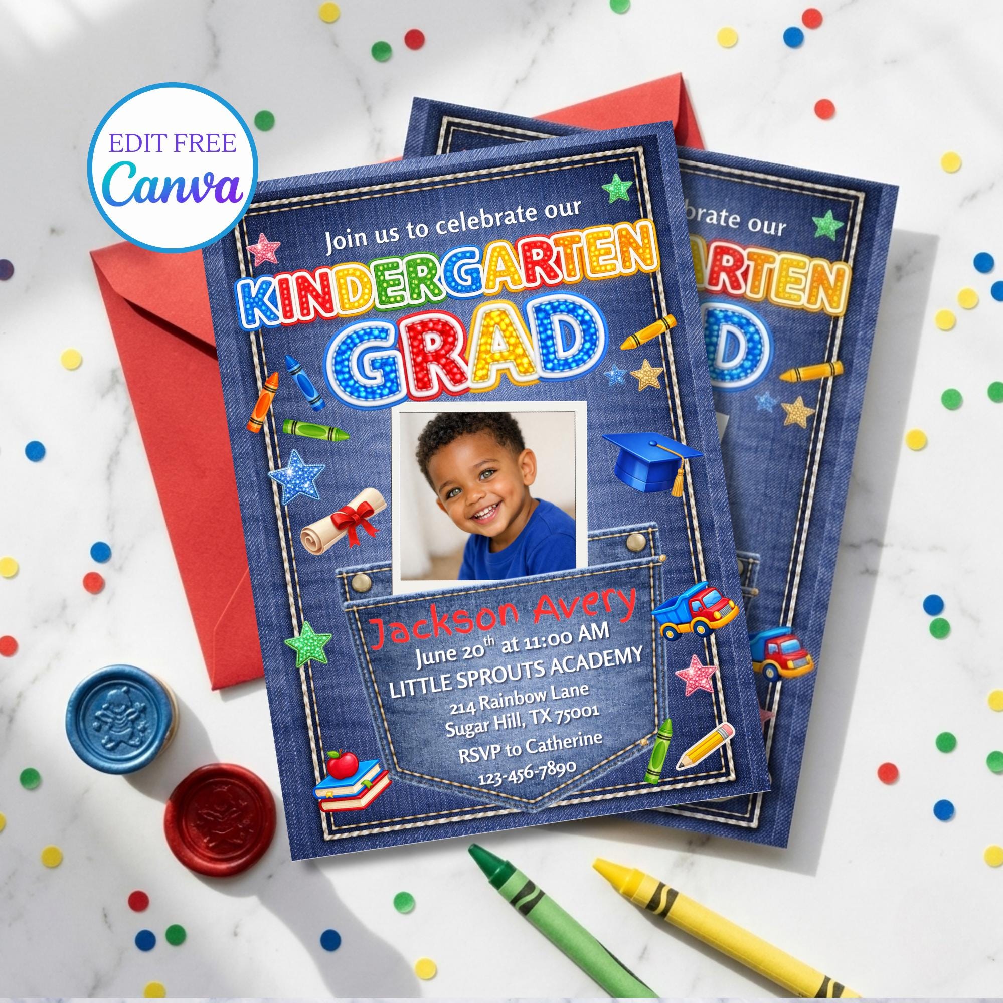 Kinder Invit Boy Kindergarten 2026 Graduation Invitation Template | Photo Kids Grad ...
