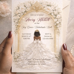 May include: An invitation for the Ivy Grace Debutante Ball, featuring the name Avery Mitchell. The design includes floral accents, a drawing of a woman in a ball gown, and event details. The invitation is held by a person.