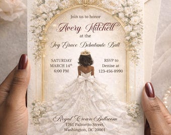 Debutante Ball Invitation Template, Ivory Gold Floral Quinceanera Invite, Sweet 16 Editable Printable 5x7 Digital  Cotillion invite