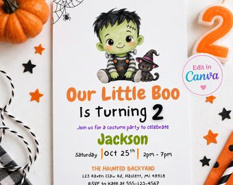 Invitación de cumpleaños de Boo para niño, invitación de cumpleaños de Halloween de Frankenstein, plantilla editable, invitación digital de descarga instantánea para fiesta de disfraces.