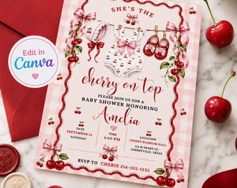 She's the Cherry on Top Baby Shower Invitation Template, Cherry Baby Shower Invite, Cherry Theme Girl Baby Shower, Pink Cherry Canva Invite