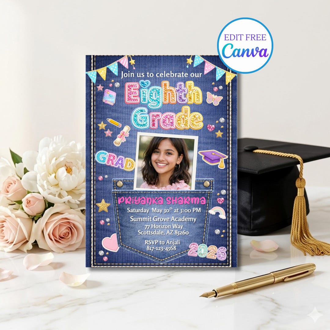 8th Grade Girl Graduation Invitation Template | Editable Canva Photo ...