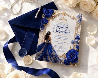 Plantilla de invitación de quinceañera azul real y dorado, invitación de quinceañera floral de lujo, invitación elegante de dulces 15 con rosas azules, invitación editable en Canva.