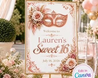Masquerade Sweet 16 Welcome Sign Template, Rose Gold Sweet 16 Sign, Editable Canva Welcome Poster, Blush Pink Birthday Entrance Sign,