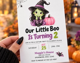 Invitación de cumpleaños número 2 de Our Little Boo, invitación de cumpleaños de Halloween para niña, invitación a fiesta de brujas, invitación a fiesta de disfraces de calabaza rosa.